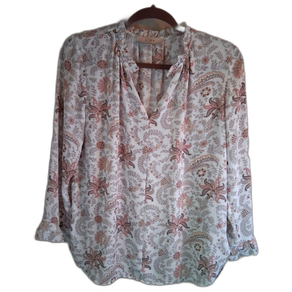 LOFT Women's Floral Ruffle Neck Blouse - Mocha and Mauve